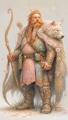 full-body original character: a dwarven ranger with a braided auburn beard, worn leather armor, a longbow and a wolf-pelt cloak, neutral background, no text