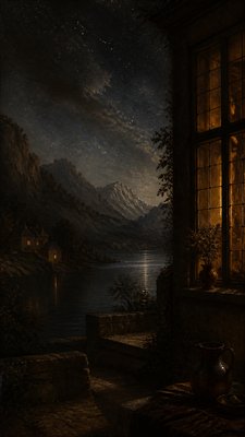 a tranquil mountain lake beneath a starry night sky, no people, no text