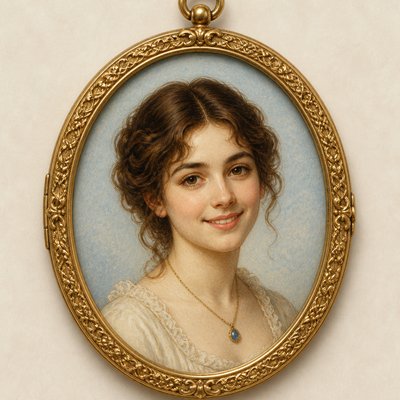 head-and-shoulders portrait of an original character: a young woman with wavy chestnut hair and a warm smile, plain soft backdrop
