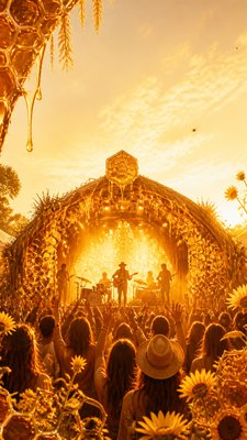a live music scene with a glowing stage and silhouetted crowd, energetic vertical composition with open space at the top, no text