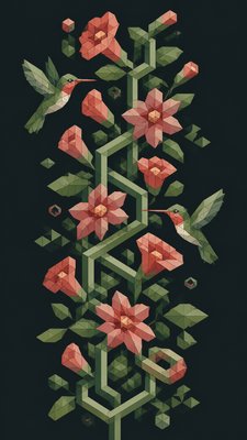 a climbing vine of flowers and hummingbirds on a dark background, tall wrapping composition, no text