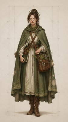 full-body original character: a wandering botanist with a satchel of plants, a patched green cloak, tall boots and round glasses, neutral background