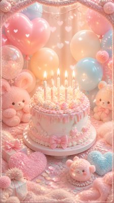 a birthday cake with lit candles surrounded by balloons and confetti, festive vertical composition, no text