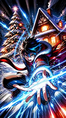 a snow-covered cottage with warm glowing windows beside a decorated pine tree, gentle snowfall, no text