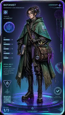 full-body original character: a wandering botanist with a satchel of plants, a patched green cloak, tall boots and round glasses, neutral background