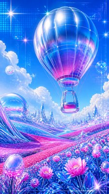 a hot air balloon drifting over rolling flower fields on a sunny day, cheerful, no text