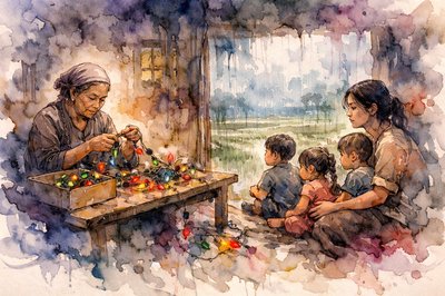 Southeast Asia.  Modern day.  Afternoon rain forces us into the coolness of the little house, surrounded by rice paddies, 
where Grandmother assembles strings of Christmas lights; bound for somewhere.
Young mother watches three children grow,
and wonders:  What will their lives be?
Can’t dream of what she’s never seen; can’t see what she can’t dream.
