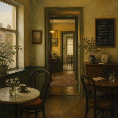 cozy cafe interior with warm lighting