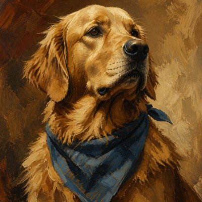 portrait of a golden retriever wearing a blue bandana, warm plain backdrop, no text