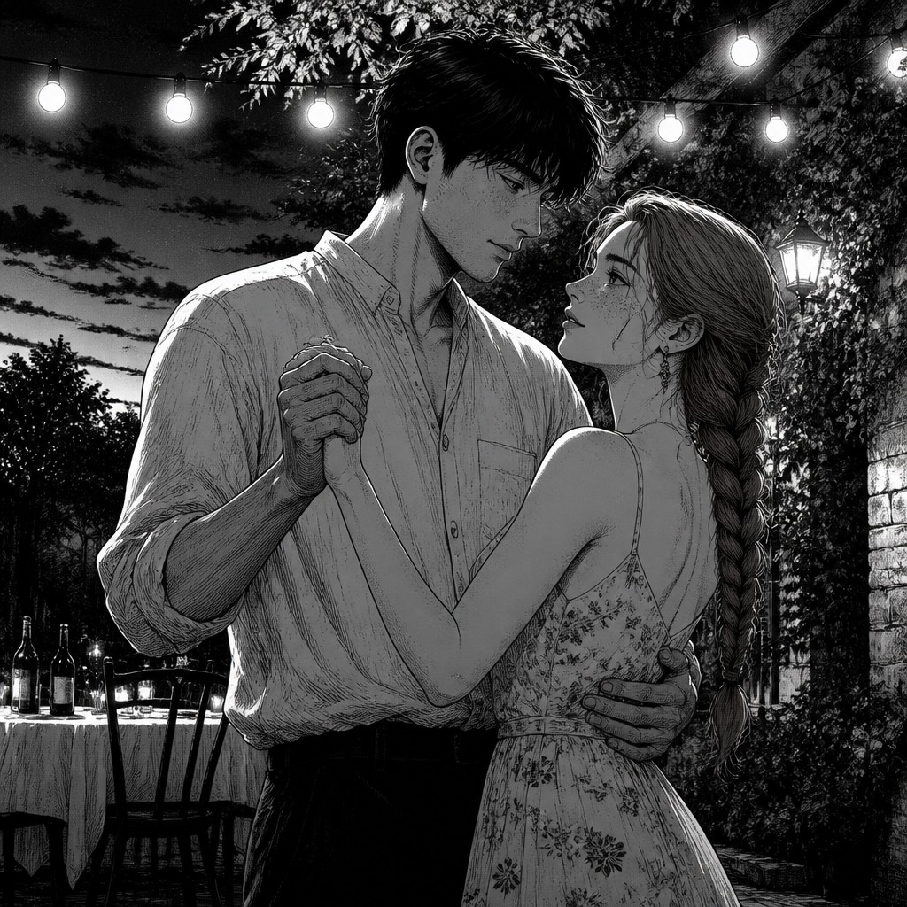 an original couple dancing under string lights in a garden at dusk: a man with short black hair in a linen shirt and a woman with braided red hair in a summer dress