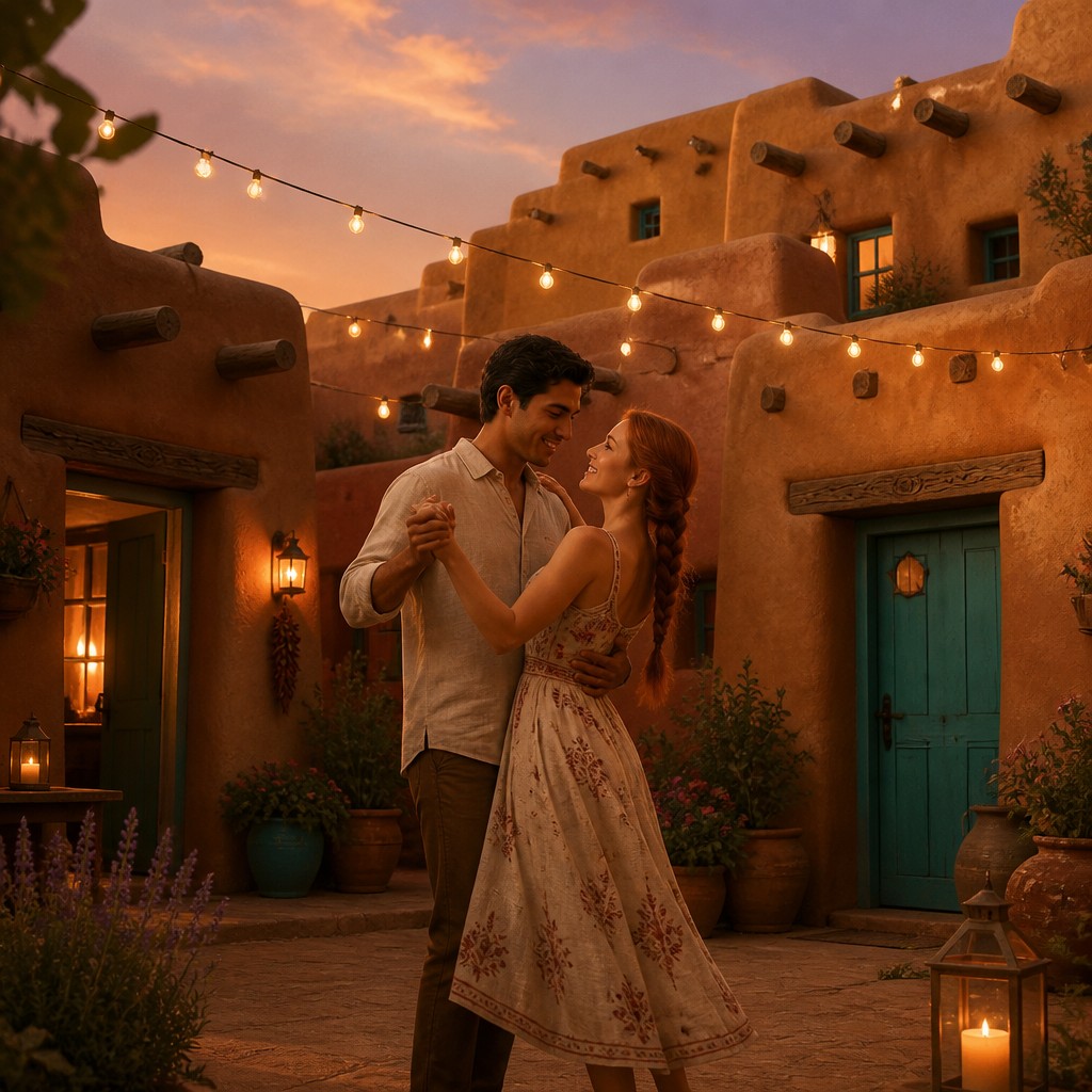 an original couple dancing under string lights in a garden at dusk: a man with short black hair in a linen shirt and a woman with braided red hair in a summer dress