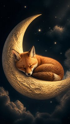 a sleeping baby fox curled on a crescent moon among soft stars, gentle and warm, no text