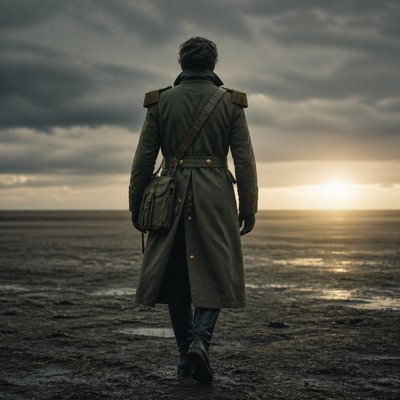 a solitary figure walking toward a glowing horizon across an empty plain, moody atmosphere, no text or lettering