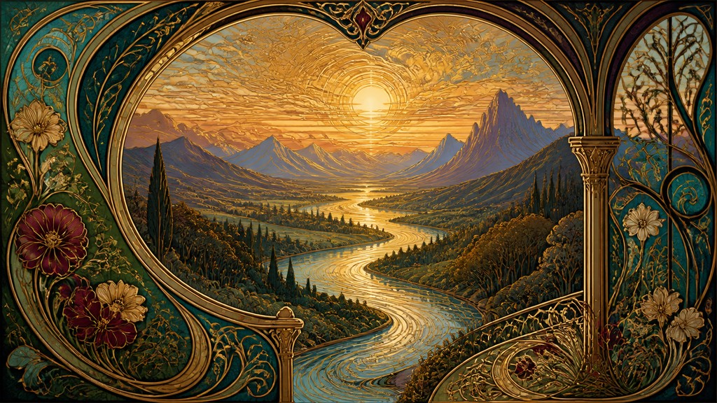a vast valley with a river winding toward distant mountains at sunrise, no people, no text