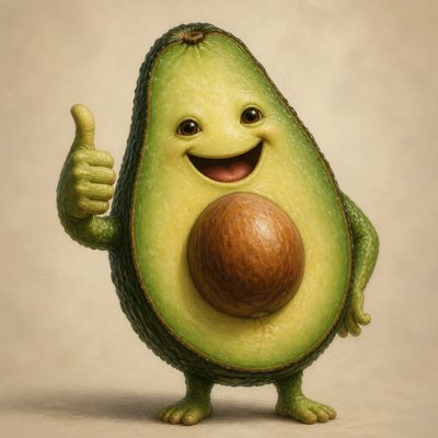 a happy avocado character giving a thumbs up, bold readable design on a plain background, no text