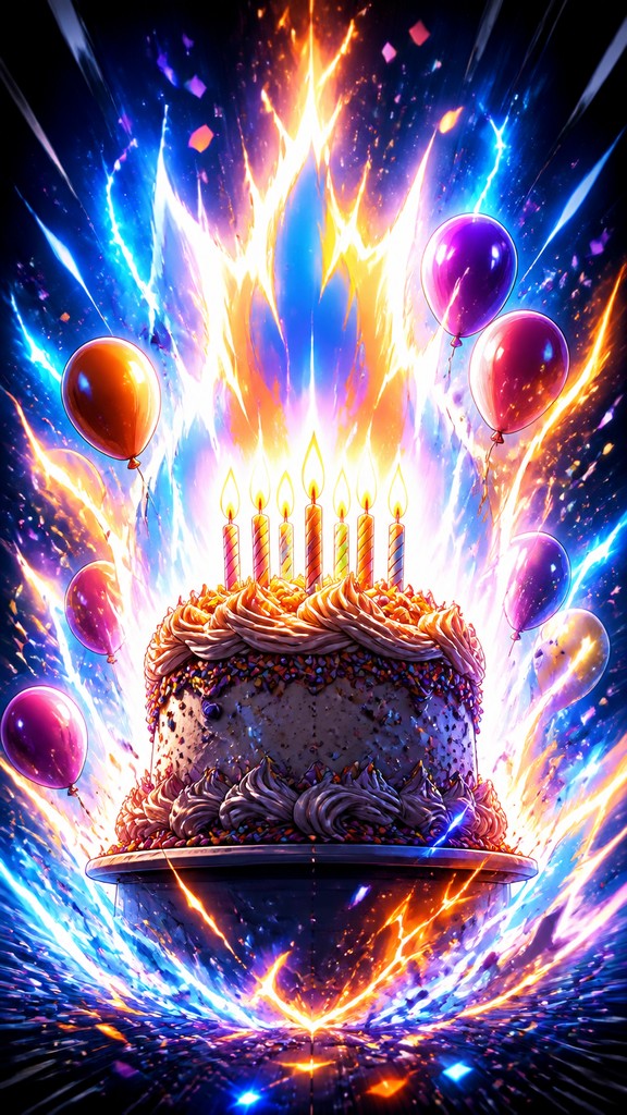 a birthday cake with lit candles surrounded by balloons and confetti, festive vertical composition, no text