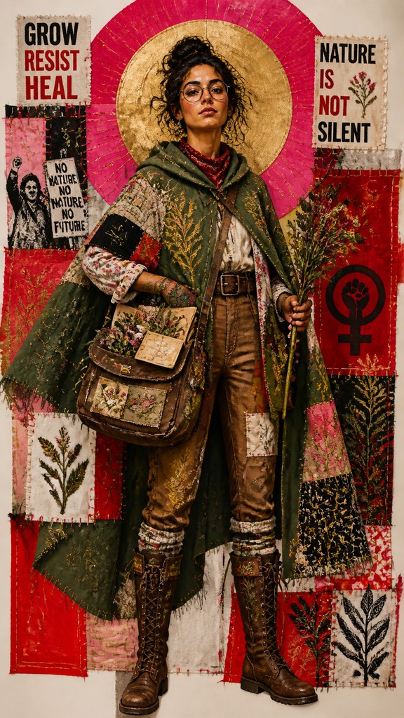 full-body original character: a wandering botanist with a satchel of plants, a patched green cloak, tall boots and round glasses, neutral background