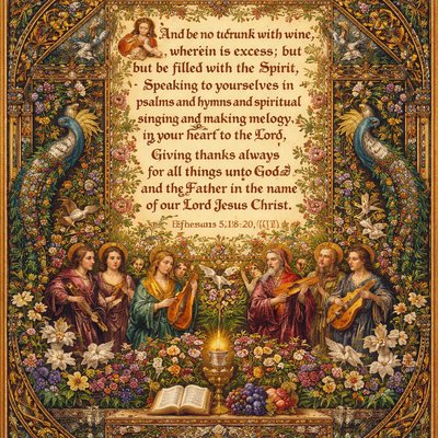 And be not drunk with wine, wherein is excess; but be filled with the Spirit; Speaking to yourselves in psalms and hymns and spiritual songs, singing and making melody in your heart to the Lord; Giving thanks always for all things unto God and the Father in the name of our Lord Jesus Christ; 
(Ephesians 5:18-20 KJV)
