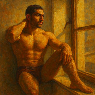 a painting of a man sitting on a window sill