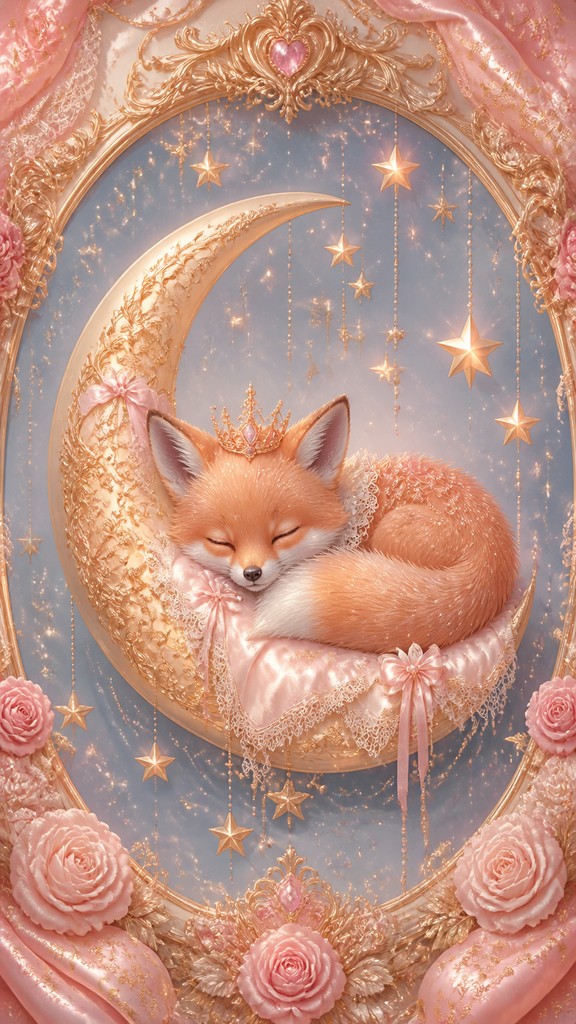 a sleeping baby fox curled on a crescent moon among soft stars, gentle and warm, no text