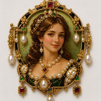 head-and-shoulders portrait of an original character: a young woman with wavy chestnut hair and a warm smile, plain soft backdrop