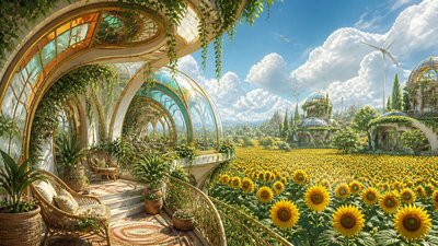 an endless field of sunflowers under summer clouds, no people