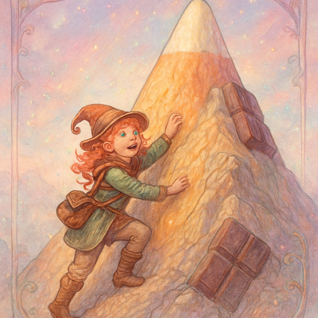A young red-haired girl in whimsical adventurer gear, bravely climbing a colossal, mountain-sized candy corn. The candy corn mountain has realistic geological features, with crags and steep slopes, made entirely of candy corn, and integrated along its ridges are giant, sculpted chocolate bars. Shimmering, multi-colored pixie stick dust rains down around her like magical snowfall. Determined, joyful expression. Bright, fantastical sky. Hyperrealistic digital painting, fantasy illustration, surreal landscape, epic detailed, cinematic lighting, food art photography."Surrealist Digital Art, Salvador Dalí Inspired, Magical Realism, Pastel Colors, Dreamscape