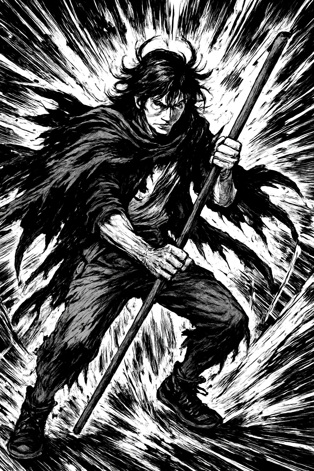 a black and white drawing of a man holding a spear