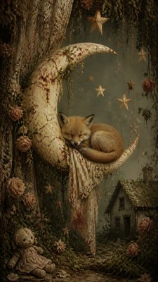 a sleeping baby fox curled on a crescent moon among soft stars, gentle and warm, no text