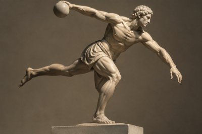 ancient greek athlete extending one-leg-back  and throwing a ball with his hand