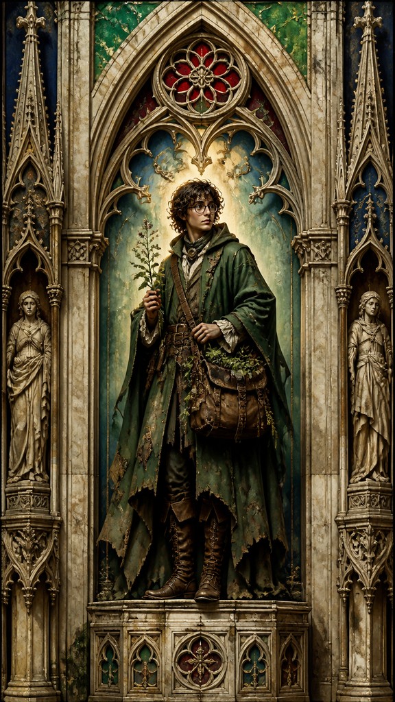 full-body original character: a wandering botanist with a satchel of plants, a patched green cloak, tall boots and round glasses, neutral background