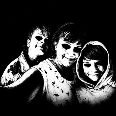 a black and white photo of three people