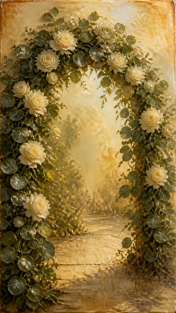 an arch of white roses and eucalyptus in soft morning light, elegant vertical composition with open space, no text
