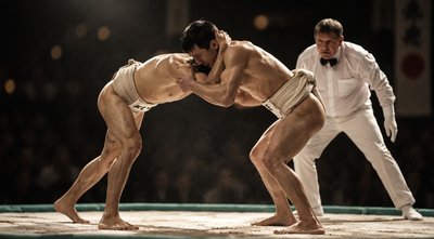 two sumo wrestlers are fighting in a ring