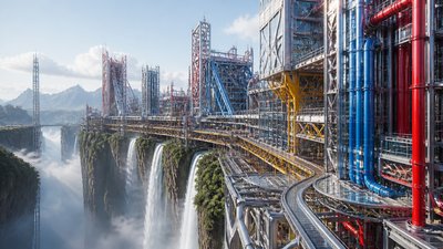 a cliffside city with waterfalls cascading into a misty canyon, wide establishing shot, no people, no text