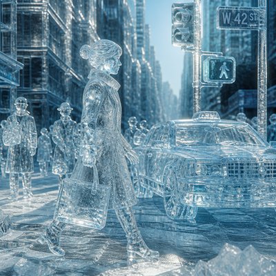 urban street with city activity — Ice Sculpture Art Style