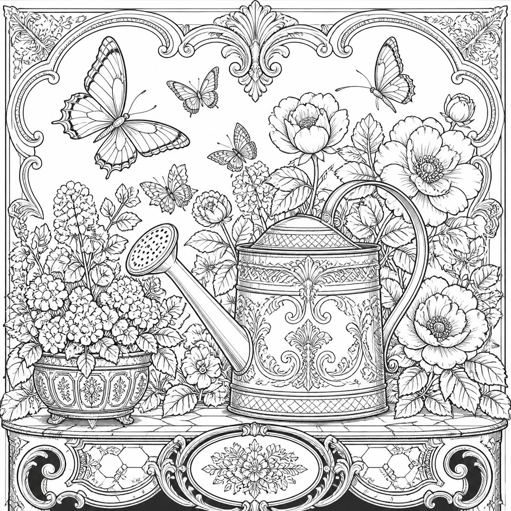 a garden scene with butterflies, flowers and a watering can, clean uncolored line art, no text
