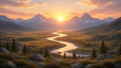 a vast valley with a river winding toward distant mountains at sunrise, no people, no text