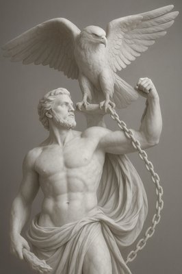 a statue of a man holding a chain with a bird on his arm