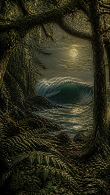 an ocean wave curling under moonlight, no people