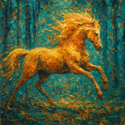 A radiant horse leaping through shimmering woods, golden mane flowing with joy, teal trees echoing calm. Oil paint, heavy impasto, textured strokes, the surface alive with feeling