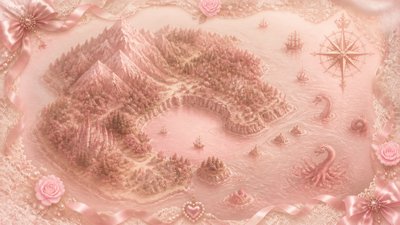 a map of an island realm with mountains, forests, a sheltered bay, sea monsters in the water and a compass rose, no text labels