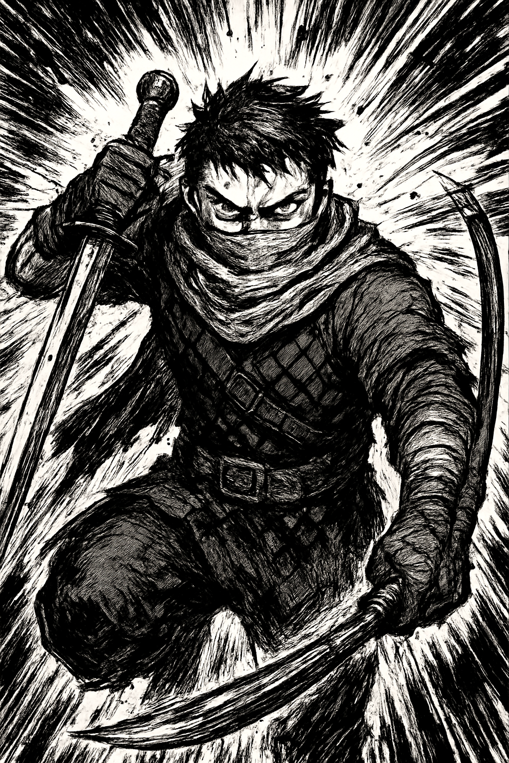 a black and white drawing of a man with a sword