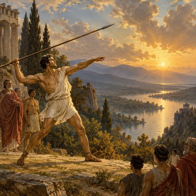 bystanders watch an ancient greek athlete throw a javelin