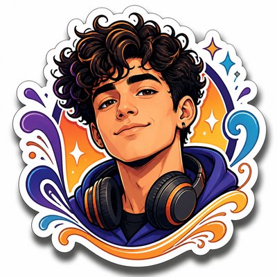 head-and-shoulders portrait of an original character: a young man with curly dark hair and headphones around his neck, plain backdrop, no text