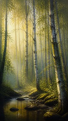 a serene birch forest in soft morning light, no people, no text