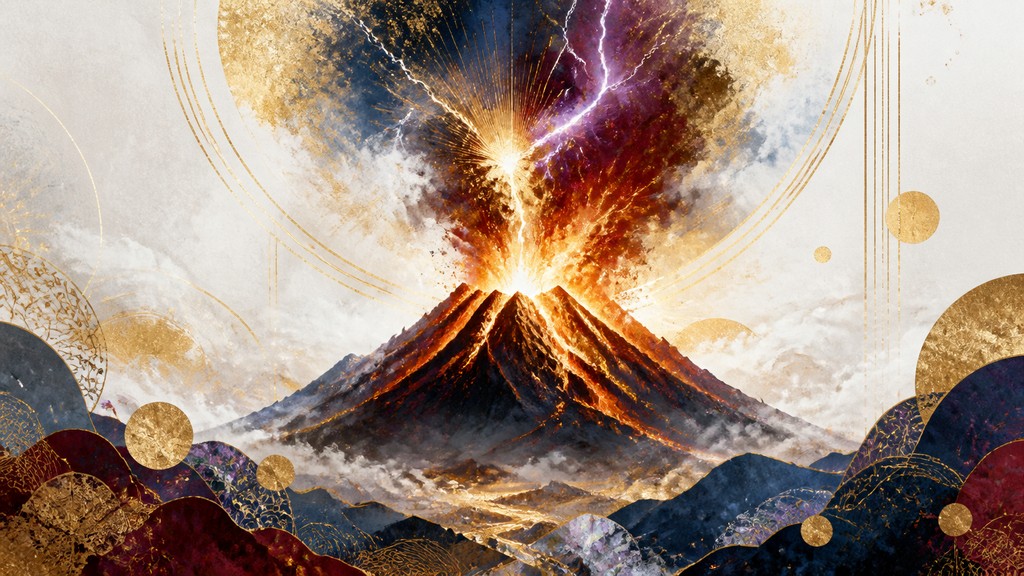 an erupting volcano with lightning strikes, dramatic wide composition, no text