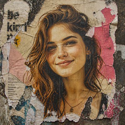 head-and-shoulders portrait of an original character: a young woman with wavy chestnut hair and a warm smile, plain soft backdrop