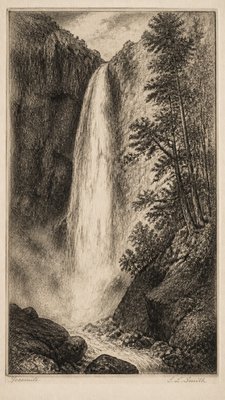 towering waterfall cascading down a cliff