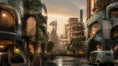 bustling city street panorama at dusk